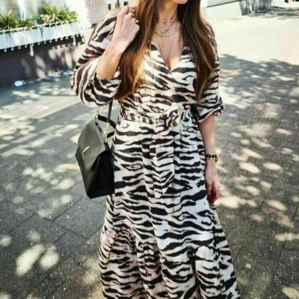 H&M Womens Medium Knee Length Zebra Print Belted Wrap Dress